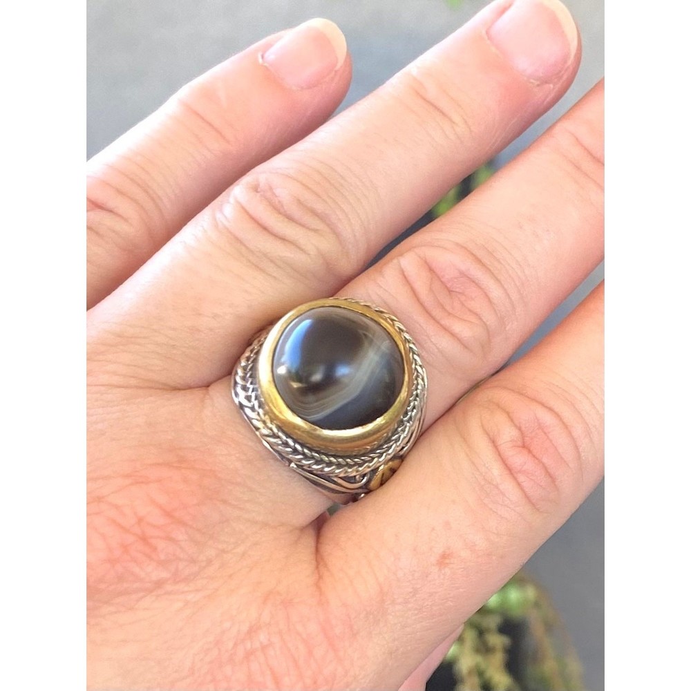 Sterling Silver Botswana Agate 925 Silver Gold Wash Signature Ring Sz 9